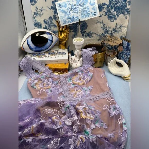 🆕 BRONX & BANCO 🧿 NWOT Eva Embroidered High-Low Midi Dress, Purple Sz M US 6 - Picture 12 of 16